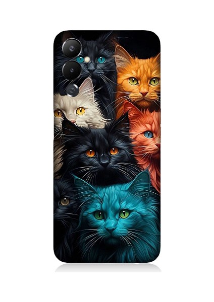 Tecno Pova 3uyumlu Renkli Sevimli Kedi Yüzleri Desenli Silikon Kılıf