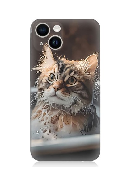 Apple İPHONE14 Plus Uyumlu Banyo Yapan Kedi Desenli Silikon Kılıf