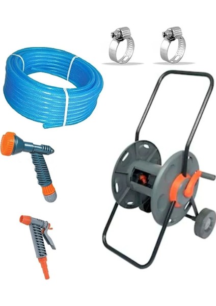 Üzümcü Hortum Sarma Makara Arabası Fıskiye Lens Tabanca 20 M Örgülü Bahçe Hortumu Seti