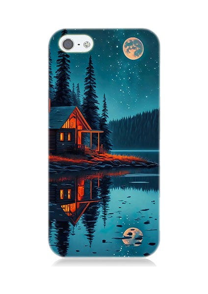 Apple Iphone 5 Uyumlu Ay ve Ahşap Ev Desenli Silikon Kılıf