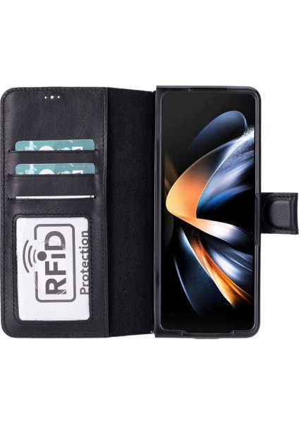Samsung Galaxy Z Fold5 Uyumlu Deri Cüzdanlı Kılıf Parlak Siyah