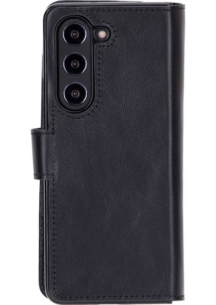 Samsung Galaxy Z Fold5 Uyumlu Deri Cüzdanlı Kılıf Parlak Siyah