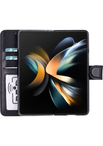 Samsung Galaxy Z Fold5 Uyumlu Deri Cüzdanlı Kılıf Parlak Siyah