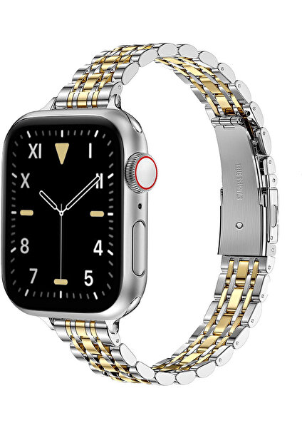 Apple Watch 42/44/45/49MM Uyumlu Paslanmaz Çelik Rolex Tasarım Ince Kesim Slim Metal Kordon Gümüş - Gold