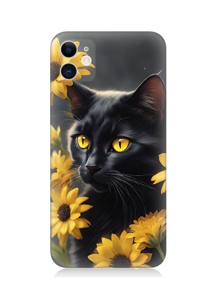 Apple Iphone 12 Uyumlu Sarı Çiçekler ve Kara Kedi Desenli Silikon Kılıf