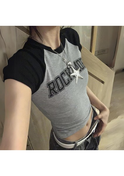 Gri Melanj Rockmore Siyah Raglan Kısa Kollu Crop