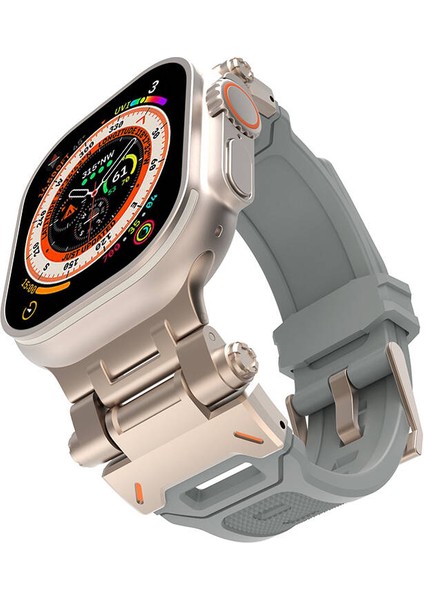 Apple Watch Ultra 49MM Kordon Dayanıklı Konnektör Kayışı Metal Silikon Tokalı Delikli Spor Uyumlu