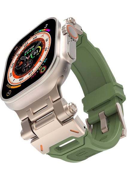 Apple Watch 7 45 mm Kordon Dayanıklı Konnektör Kayışı Metal Silikon Tokalı Delikli Spor Uyumlu