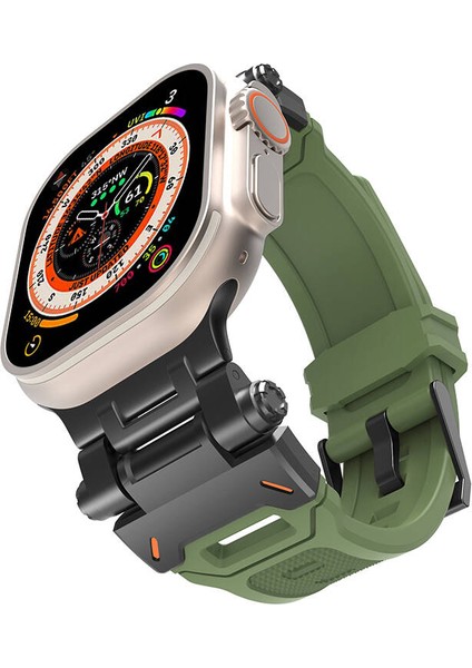 Apple Watch 7 45 mm Kordon Dayanıklı Konnektör Kayışı Metal Silikon Tokalı Delikli Spor Uyumlu