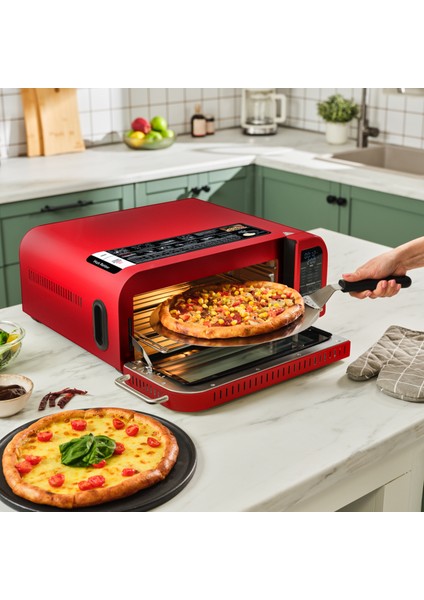 Multicrust Artisan Retro Pizza Makinesi ve Airfryer Metallic Red