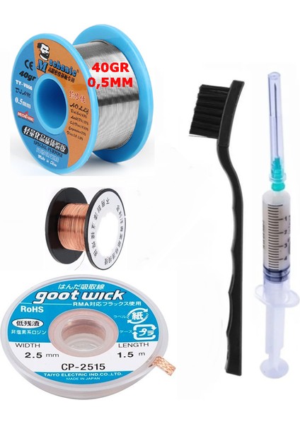 Çok Amaçlı 5li Anakart Tamir Seti Lehim Teli 0,5mm Flux Lehim Toplama CP-2515 Lehim Sökme Teli 2,5mm