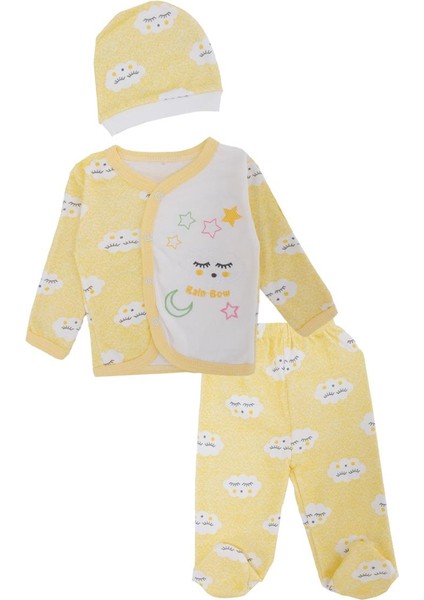 Unisex Bebek Bulut Baskılı Şapkalı Çıtçıtlı 3'lü Alt Üst Takım