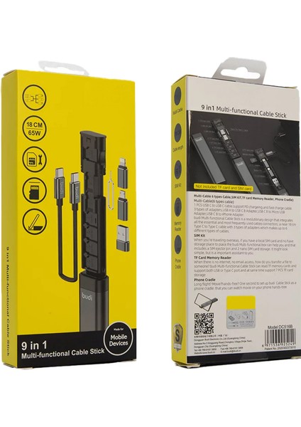 Cable Stick 9'u 1 Arada Temel Seyahat Şarj ve Veri Senkronizasyon Kablo Çubuğu - Siyah DC516B