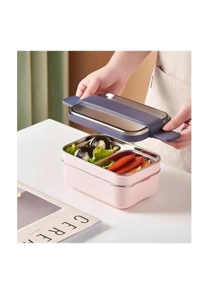 Paslanmaz Çelik Çift Katlı Bölmeli 1200 ml Saklama Kabı BL-20183 - Pembe fiyatları