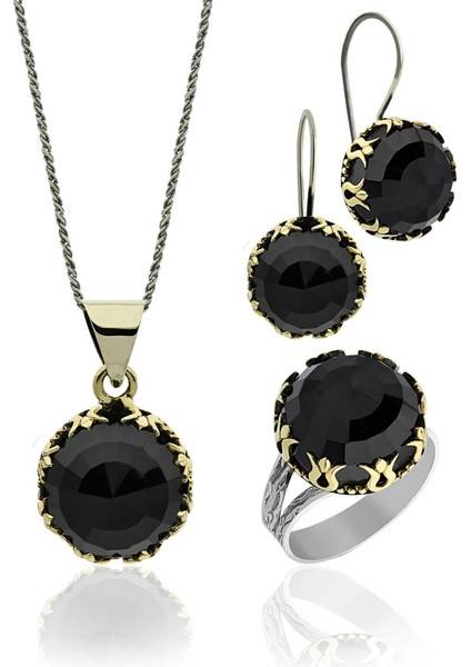 Oniks Taşlı Lale Motifli Yuvarlak Otantik Gümüş Kadın Set