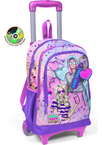Kids Pembe Mor Fashion Girl Desenli Üç Bölmeli Çekçekli Okul Sırt Çantası 23955