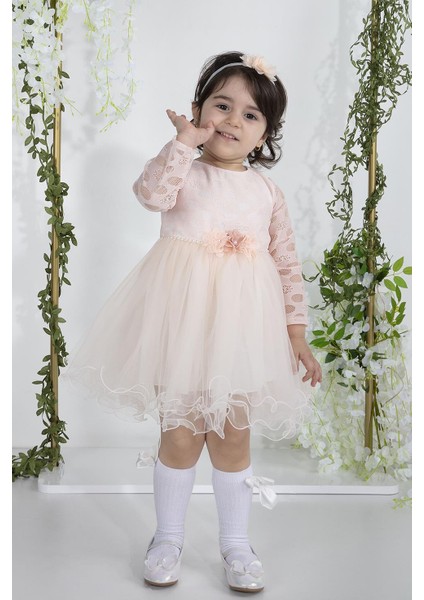 Minimony 6-24 Ay Uzun Kol Tüllü Kız Bebek Çocuk Bayramlık Abiye Gelinlik Elbisesi 4004