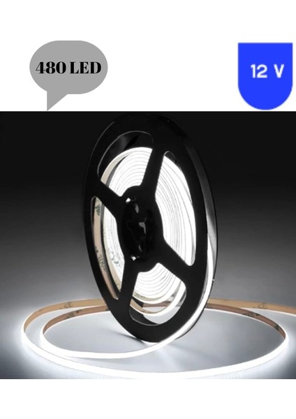 12 Volt 8 mm 480 Ledli Esnek Cob Şerit 6500 K Beyaz Iç Mekan 5 Metre