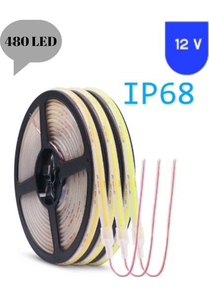 12 Volt 8 mm 480 Ledli Esnek Cob Şerit 6500 K Beyaz Dış Mekan IP68 5 Metre