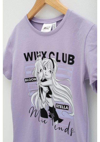 4'lü Winx Baskılı Tshirt Şort Pantolon Lila Takım