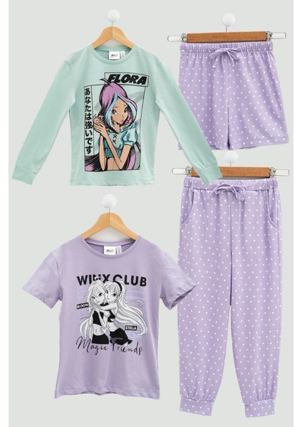 4'lü Winx Baskılı Tshirt Şort Pantolon Lila Takım fiyatları