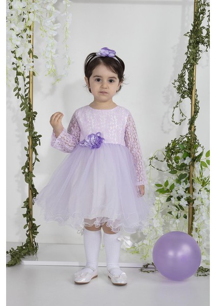 Minimony 6-24 Ay Uzun Kol Tüllü Kız Bebek Çocuk Bayramlık Abiye Gelinlik Elbisesi 1009