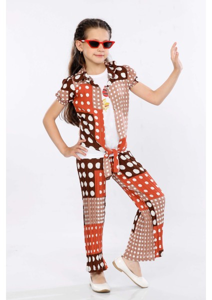 Kız Çocuk 3'lü Takım Bağlamalı Gömlek-T-Shirt ve Geniş Paça Pantolon MRN2420