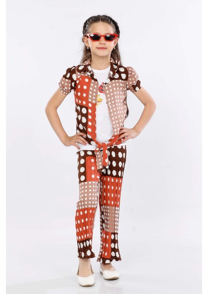 Kız Çocuk 3'lü Takım Bağlamalı Gömlek-T-Shirt ve Geniş Paça Pantolon MRN2420 fiyatları