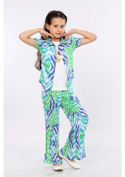 Kız Çocuk 3'lü Takım Bağlamalı Gömlek-T-Shirt ve Geniş Paça Pantolon MRN2419