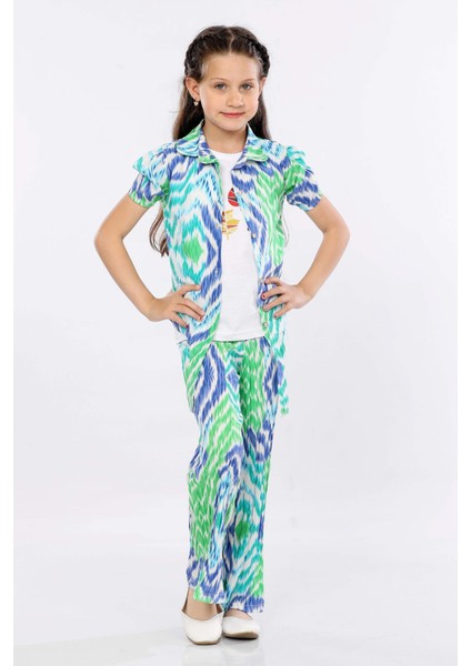 Kız Çocuk 3'lü Takım Bağlamalı Gömlek-T-Shirt ve Geniş Paça Pantolon MRN2419 fiyatları
