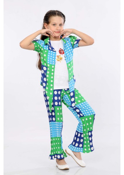 Kız Çocuk 3'lü Takım Bağlamalı Gömlek-T-Shirt ve Geniş Paça Pantolon MRN2420