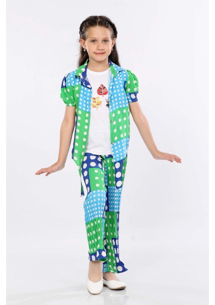 Kız Çocuk 3'lü Takım Bağlamalı Gömlek-T-Shirt ve Geniş Paça Pantolon MRN2420 fiyatları