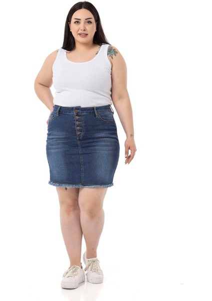 Büyük Beden Eteği Püsküllü Düğme Detaylı Mavi Denim Mini Etek
