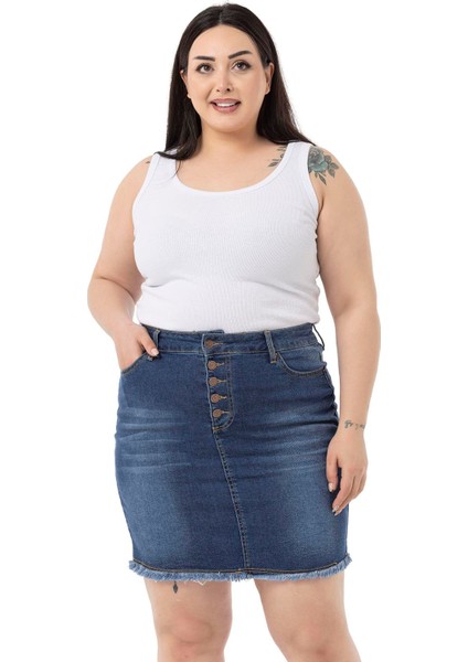 Büyük Beden Eteği Püsküllü Düğme Detaylı Mavi Denim Mini Etek fiyatları