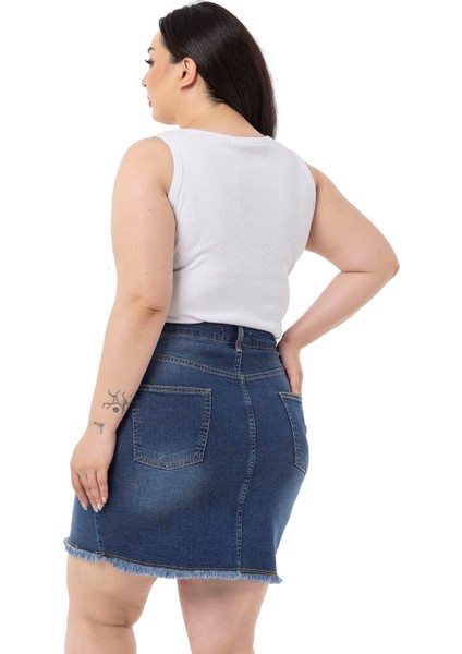 Büyük Beden Eteği Püsküllü Düğme Detaylı Mavi Denim Mini Etek indirimleri