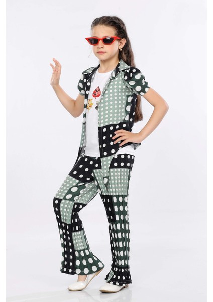 Kız Çocuk 3'lü Takım Bağlamalı Gömlek-T-Shirt ve Geniş Paça Pantolon MRN2420