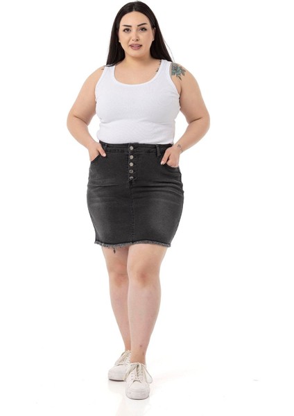 Büyük Beden Eteği Püsküllü Düğme Detaylı Antrasit Denim Mini Etek