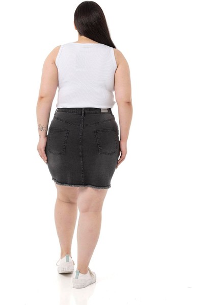 Büyük Beden Eteği Püsküllü Düğme Detaylı Antrasit Denim Mini Etek modelleri