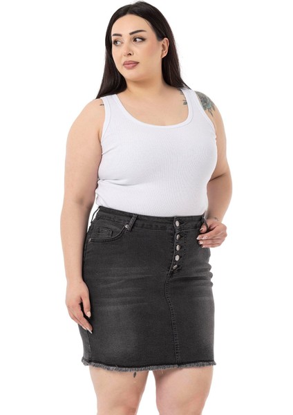 Büyük Beden Eteği Püsküllü Düğme Detaylı Antrasit Denim Mini Etek fırsatları