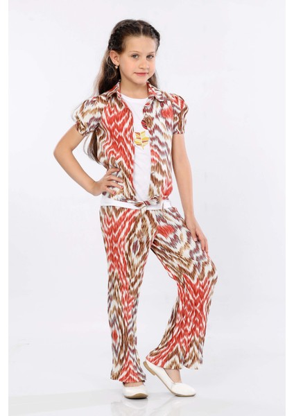 Kız Çocuk 3'lü Takım Bağlamalı Gömlek-T-Shirt ve Geniş Paça Pantolon MRN2419