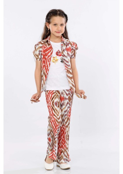 Kız Çocuk 3'lü Takım Bağlamalı Gömlek-T-Shirt ve Geniş Paça Pantolon MRN2419 fiyatları