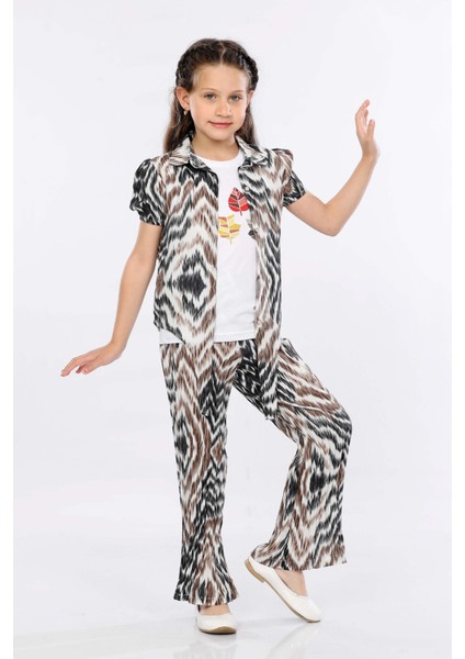 Kız Çocuk 3'lü Takım Bağlamalı Gömlek-T-Shirt ve Geniş Paça Pantolon MRN2419