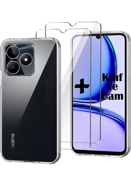 MTK Moveteck Realme Note 50 4g Kılıf Kamera Korumalı Darbeye Dayanıklı Şeffaf Silikon + 9h Ekran Koruyucu Cam 2'li Set