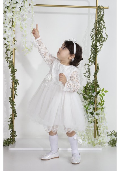 Minimony Uzun Kol Dantelli Kız Bebek Çocuk Bayramlık Abiye Gelinlik Elbisesi 4002