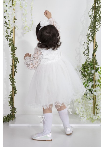 Minimony Uzun Kol Dantelli Kız Bebek Çocuk Bayramlık Abiye Gelinlik Elbisesi 4002