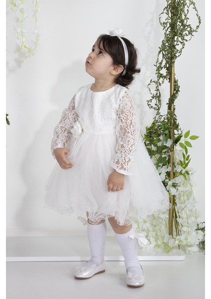 Minimony Uzun Kol Dantelli Kız Bebek Çocuk Bayramlık Abiye Gelinlik Elbisesi 4002
