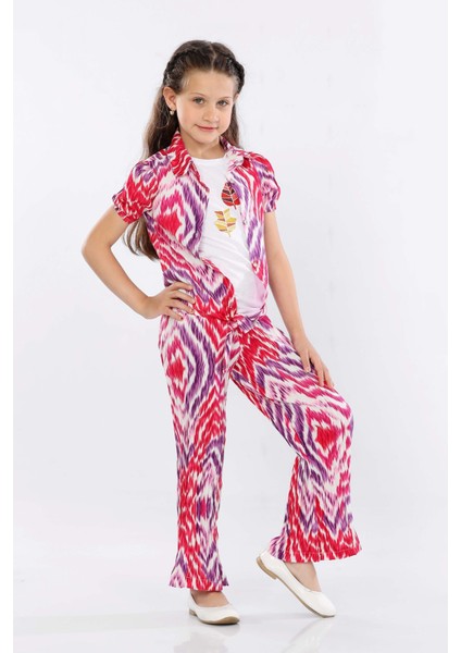 Kız Çocuk 3'lü Takım Bağlamalı Gömlek-T-Shirt ve Geniş Paça Pantolon MRN2419