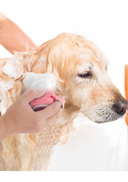 Şampuan Hazneli Kedi ve Köpek Evcil Hayvan Yıkama Fırçası Silikon Pembe