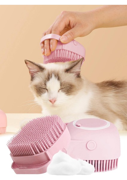 Şampuan Hazneli Kedi ve Köpek Evcil Hayvan Yıkama Fırçası Silikon Pembe