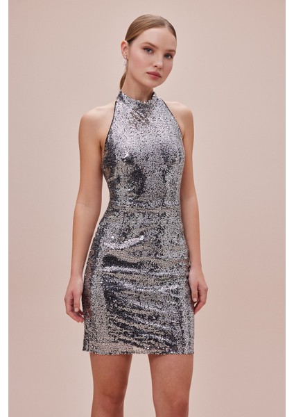 Silver Halter Yaka Mini Elbise